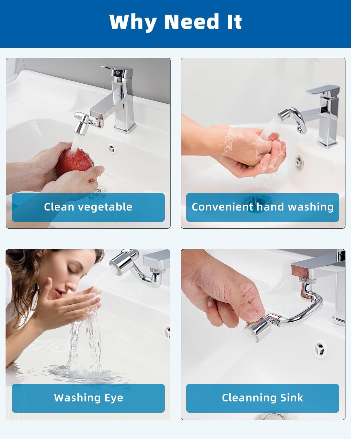 1080° Swivel Faucet Extender, Metal Rotatable Sink Faucet Aerator with Metal Extension, Dual Function 2 Modes Kitchen & Bathroom Sink Sprayer, Faucet Attachment for Gargle/Eye/Face Washing