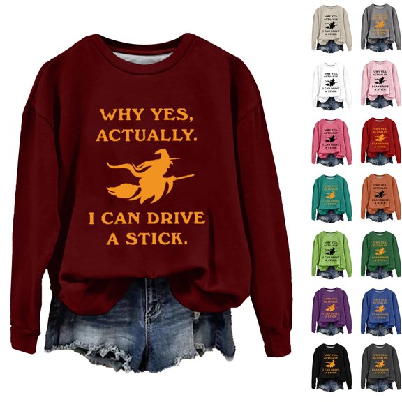 YVNAURA Women's Funny Why Yes Actually I Can Drive A Stick Witch Halloween Sweatshirt Sarcastic Broomstick Joke Pullover Crewneck Long Sleeve Casual Fall Spooky Season Top 1 Pack, Wine,L