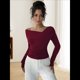 thumbnail image 4 of Tops con Hombros Descubiertos para Mujer, Camisas de Discoteca de Larga, Ajustadas y de Moda para y Otoño Vino Tinto M, 4 of 8