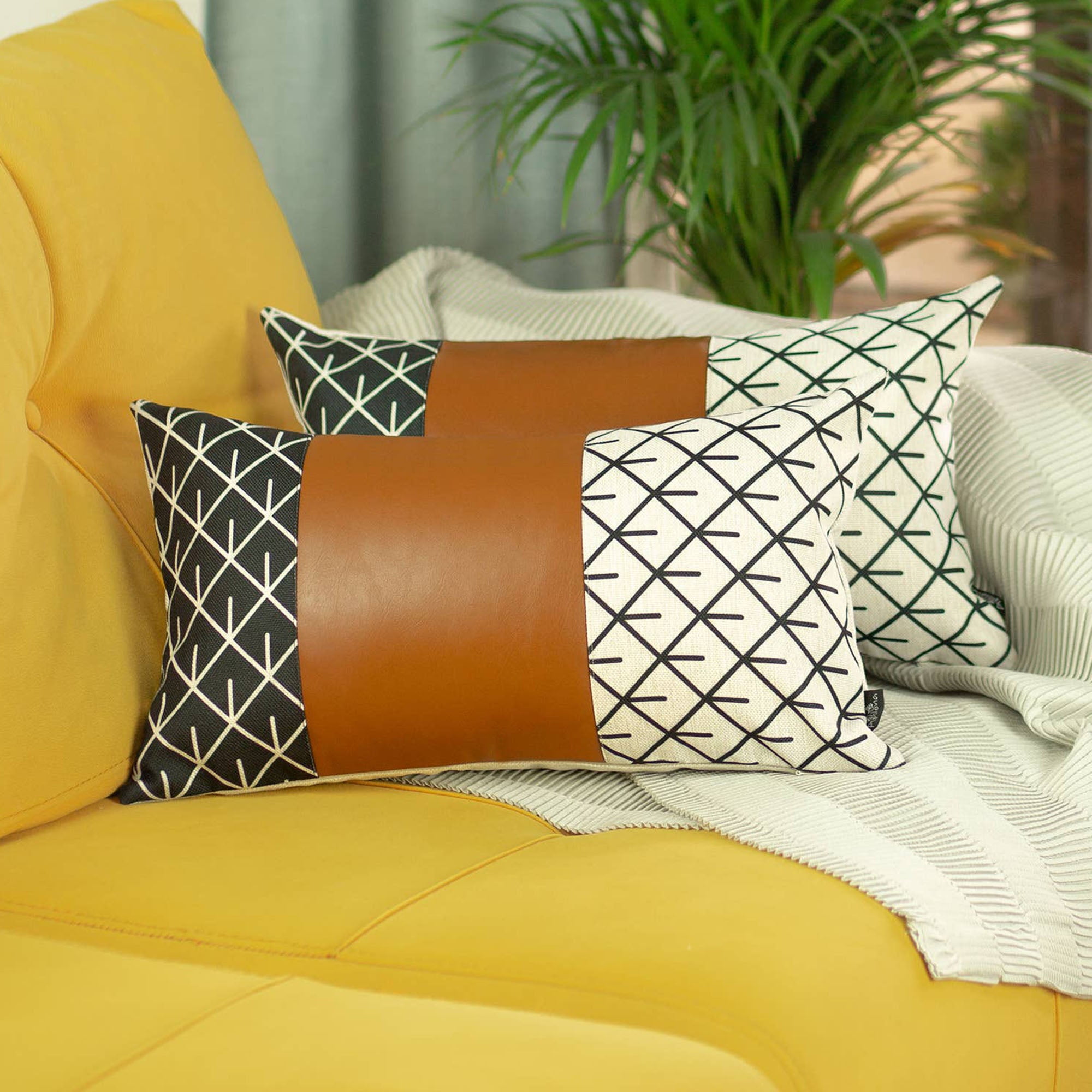 Boho Brown and Ivory Geometric Vegan Leather Lumbar Pillow Covers, 12" x 20", Set of 2