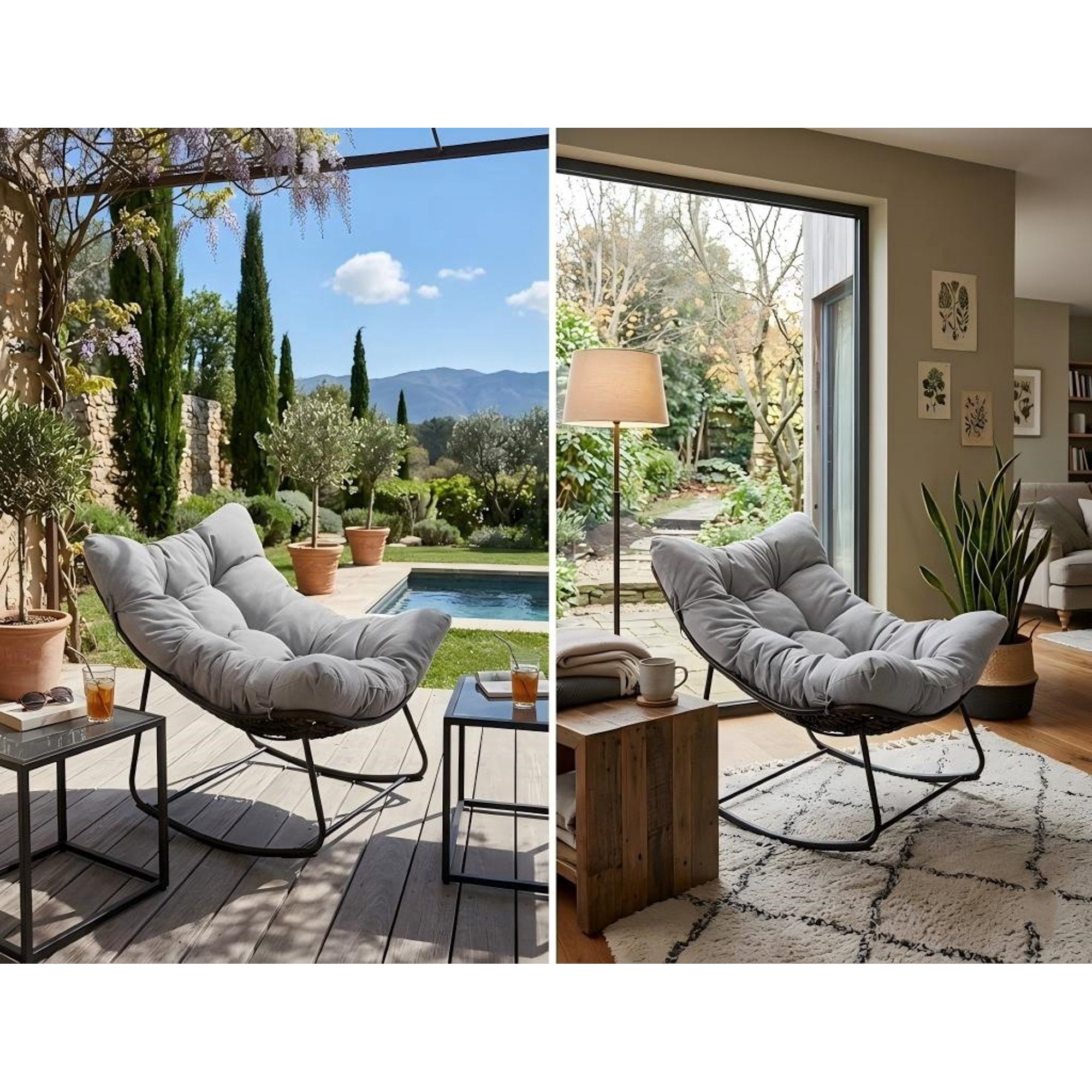 Papasan Patio Rocking Chair, Indoor/Outdoor Use Armless Wicker Recliner Chair