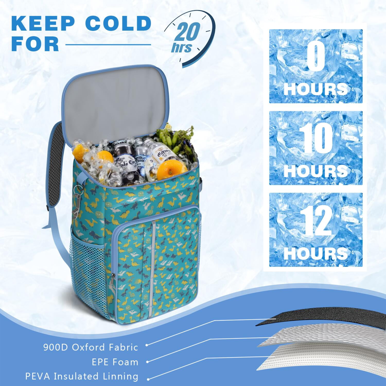 Travel Cooler Bag - Blue Cartoon Dinosaurs Pattern Camping Beer Cooler Backpack with Bottle Opener- Waterproof Insulated Picnic Backpacks - Cooler Bag for Beach