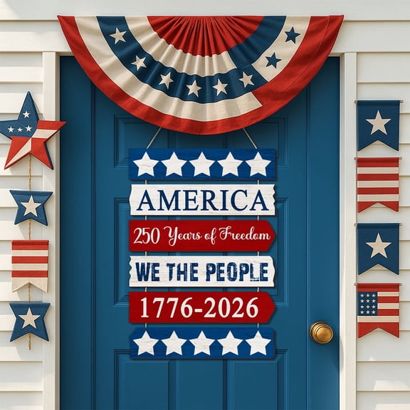 YIBAGA USA Anniversary 250th Door Wreath Hanging Door Sign, We The People 250 Years of Freedom Patriotic Home Decor
