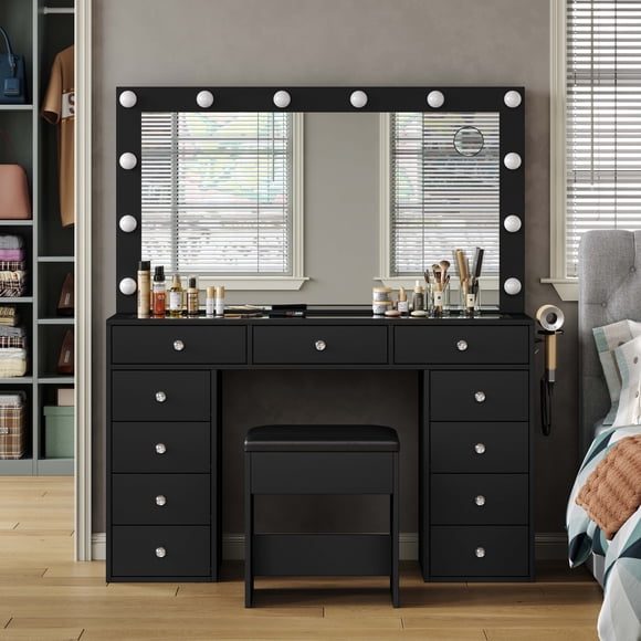 Vanity Desk & Power Outl, Makeup Vanity with Mirror and 12 LED Lights, Makeup Table with 11 Drawers, Vanity Table with Chair,Set 3 Lighting Modes Brightness Adjustable