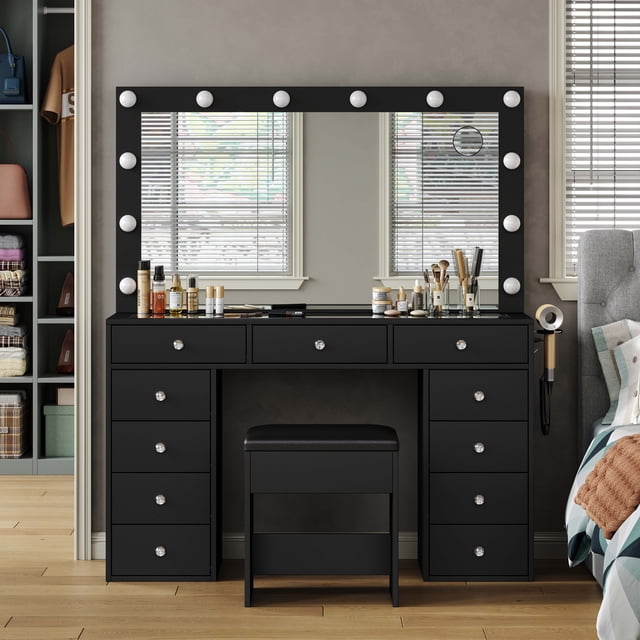 Vanity Desk & Power Outl, Makeup Vanity with Mirror and 12 LED Lights, Makeup Table with 11 Drawers, Vanity Table with Chair,Set 3 Lighting Modes Brightness Adjustable