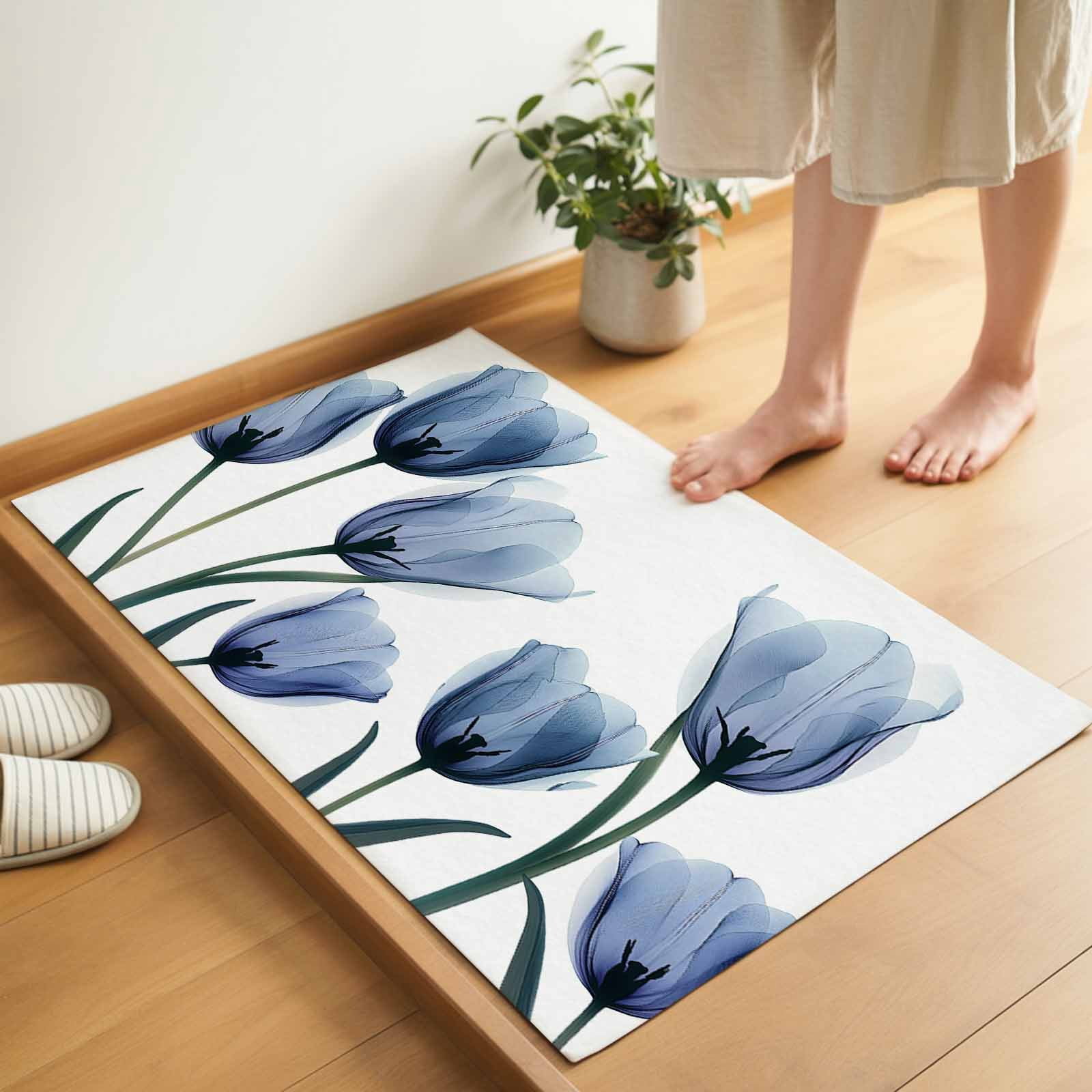 Blue Tulips Indoor Door Mat - 18"x30", Non-Slip Welcome Mat for Outdoor, Spring Summer Floral Rustic Botanical Front Doormat for Entry, Low-Profile Doormat Entrance Rug for Kitchen/Bathroom