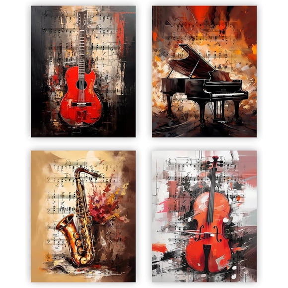 Music Themed Wall Art, Vintage Music Canvas Art Posters, Guitar, Piano, Saxophone, Violin, Rock Music Room Decor, Set of 4 - (8 x 10 Inch, Unframed)