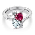 thumbnail image 3 of Gem Stone King 925 Sterling Silver Red Created Ruby Sky Blue Aquamarine and White Moissanite Ring for Women (1.72 Cttw, Heart Shape 6MM, Gemstone July Birthstone, Size 7), 3 of 6