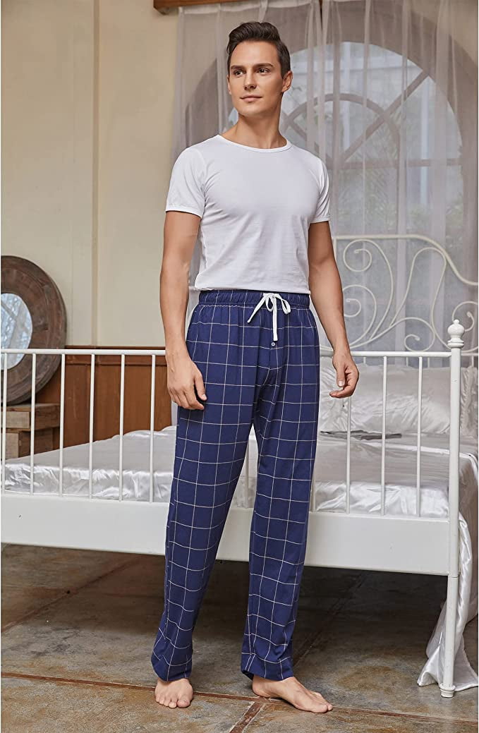 Mens Plaid Sleep Pants, Cotton Pajama Pants with Pockets, Soft Lounge Pajama Bottoms for Men(Navy-plaid 01, Large)