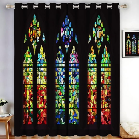Church Style Blackout Curtains Stained Glass Windows Thermal Eyelet Curtains Ring Top Green Window Drapes For Living Room, Bedroom 42"W x 63"L (Pack of 2)