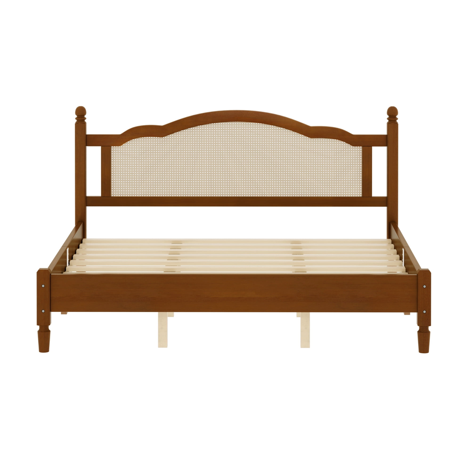 Euroco Wood King Size Platform Bed with Rattan Headboard, Vintage Bed Frame, Walnut