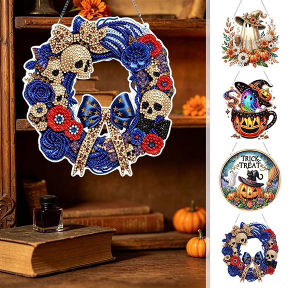 Halloween Diamond Art Kits For Adults Clearance, DIY Pearl Diamond Art, Hanging Ornament For Halloween Front Door Decor, DIY Fall Home Decor Wall Art, Halloween DIY Gift (Navy)