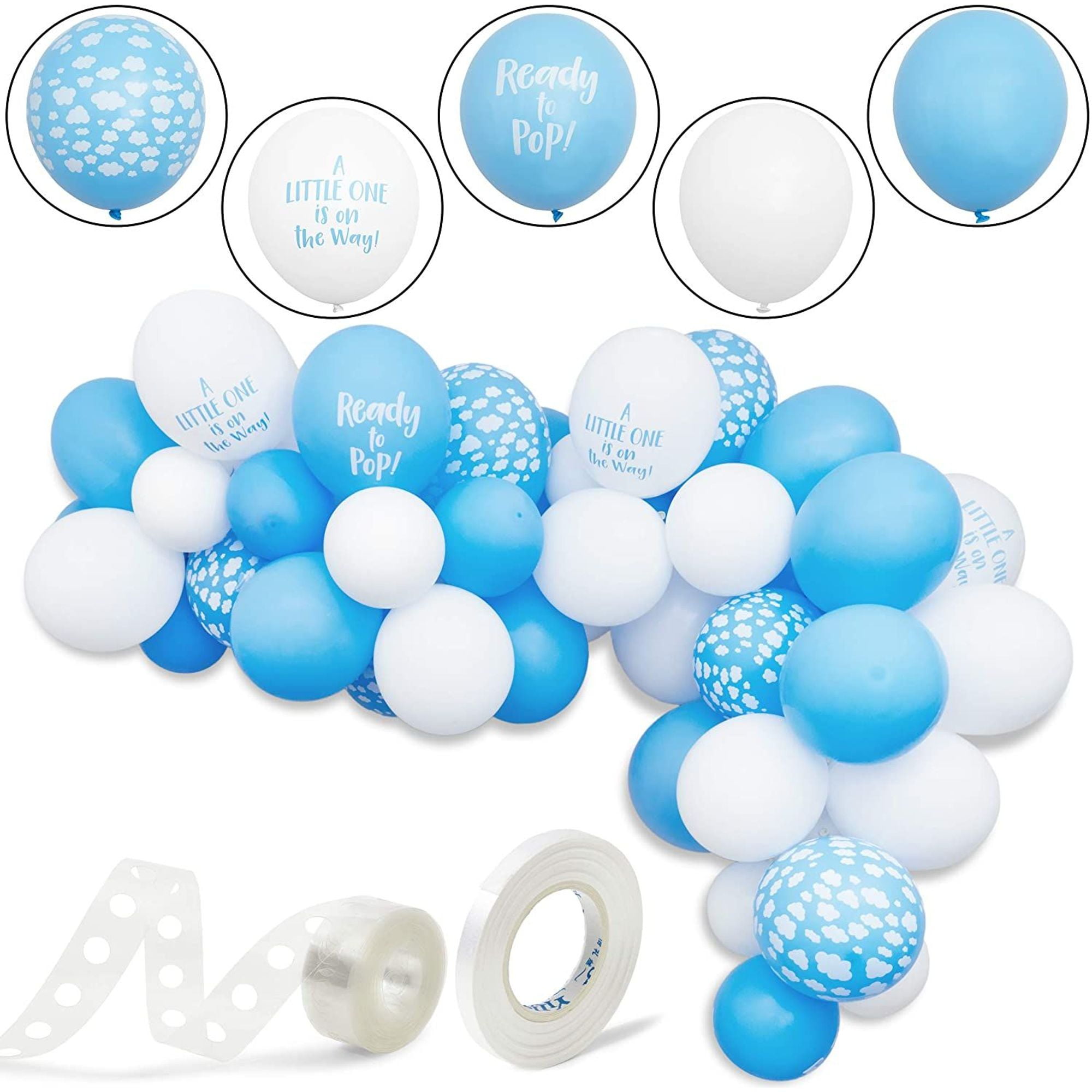 50-Pack Cloud Party Latex Balloons for Boy Baby Shower, Gender Reveal Party Supplies and Decorations, 12&quot; Blue and White, Ribbon Included