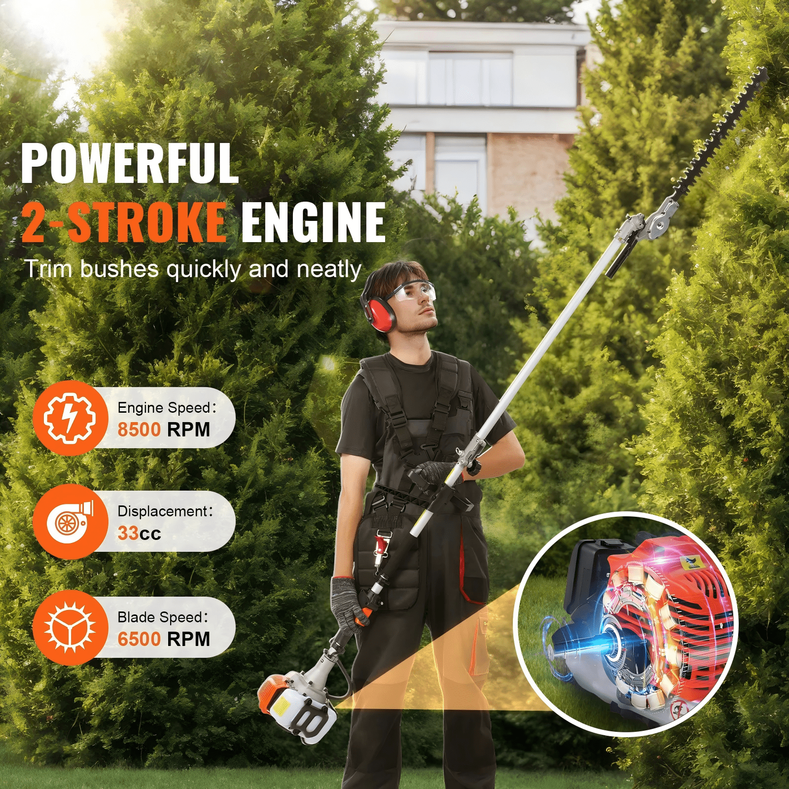 33CC 6-in-1 Multi-Functional Trimming Tools, Gas Hedge Trimmer, Weed Trimmer, String Trimmer, Brush Cutter, Edger, Pole Saw Chainsaw Pruner with Extension Pole