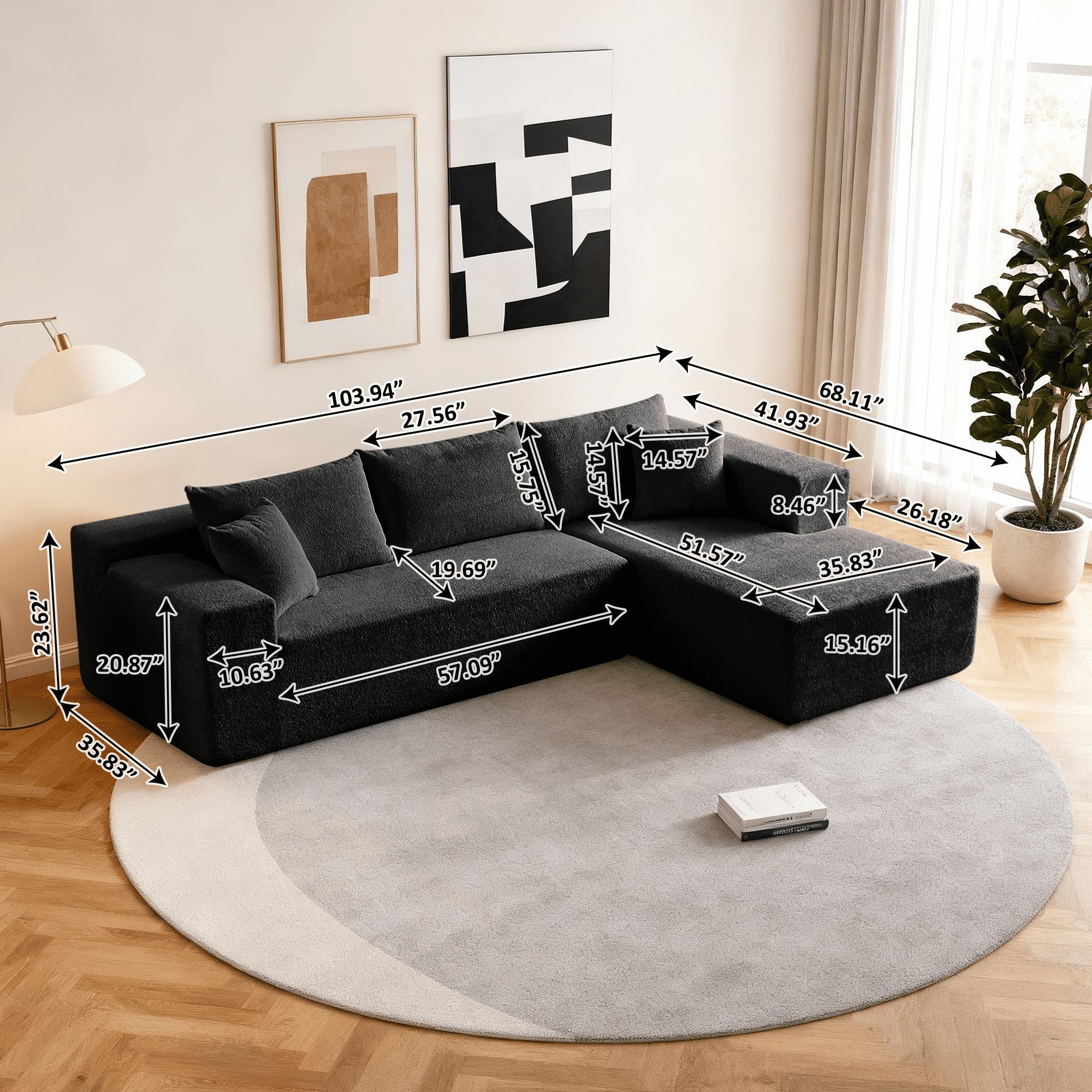 Gewnee Black 3-Seater Deep Seat Compressed Velvet Sofa, Soft Cushion Couch for Living Room & Bedroom