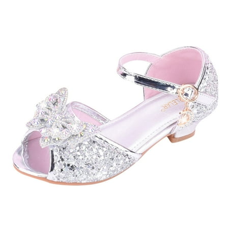 Omagie Sandal Girls Big Kid Female Girl Wedge with Diamond Shiny Sandals Princess Shoes Bow High Heels Show Princess Shoes Beach Shoes for Kids Girls Silver 3