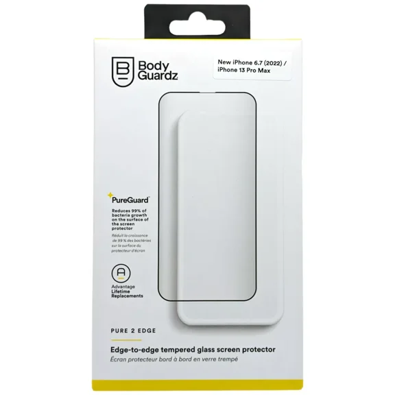 Pack of 2 BodyGuardz Pure 2 Edge Screen Protector For iPhone 14 Plus / iPhone 13 Pro Max, Clear
