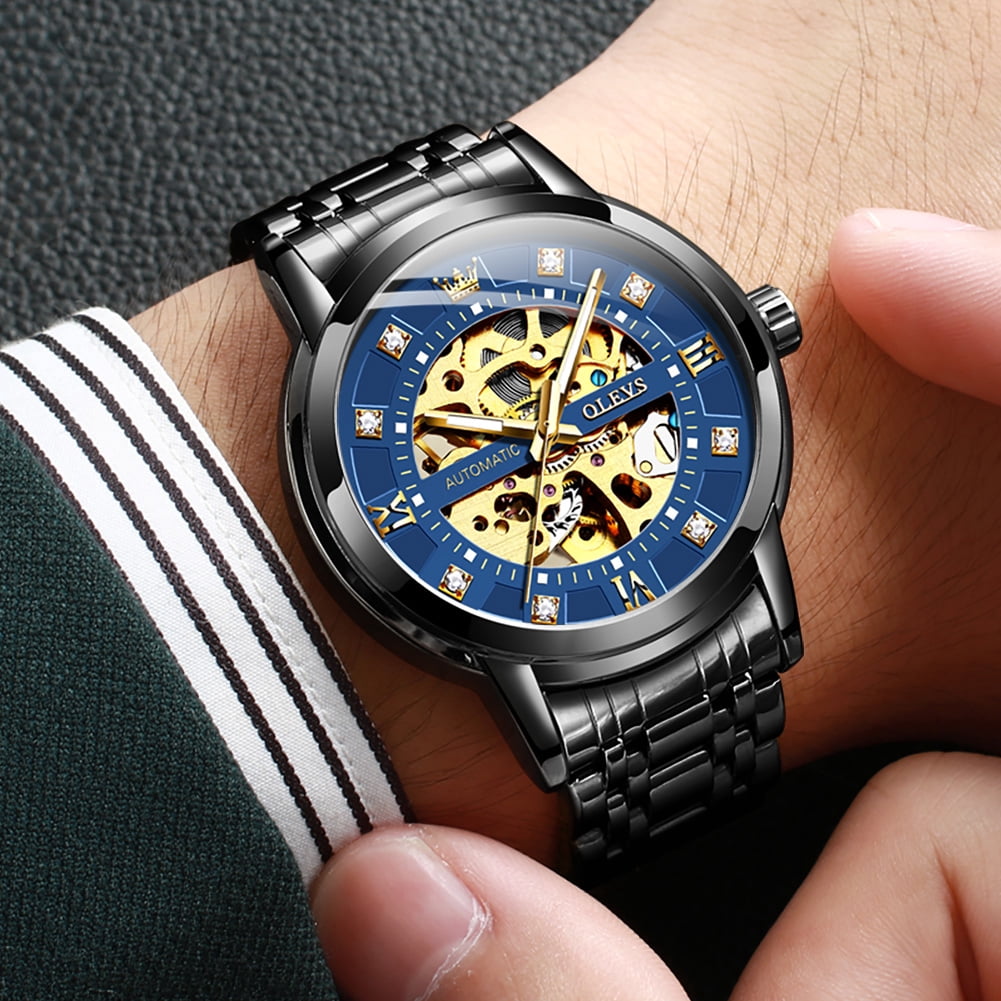 OLEVS Skeleton Watches for Mens Automatic Mechanical self Winding Diamond Luxury Business Dress Stainless Steel Waterproof Luminous Mens Wrist Watches Reloj Para Hombre Blue/White/Black/Gold Dial