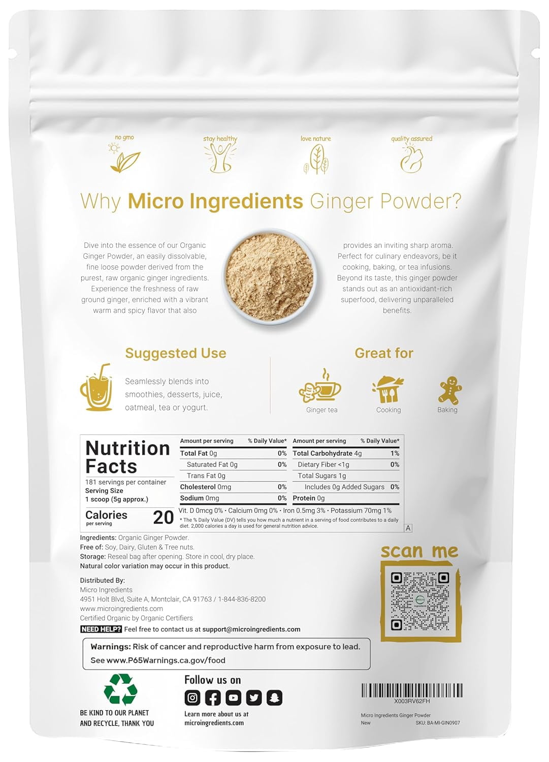 Micro Ingredients Organic Ginger powder, 2lbs (32oz) | Premium Source for Spice & Seasoning Great for Baking, Cooking & Tea