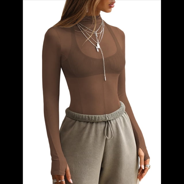 Blusa de Larga de para Mujer, Blusa de Encaje Transparente con Cuello Alto y Bordado Floral. Café S