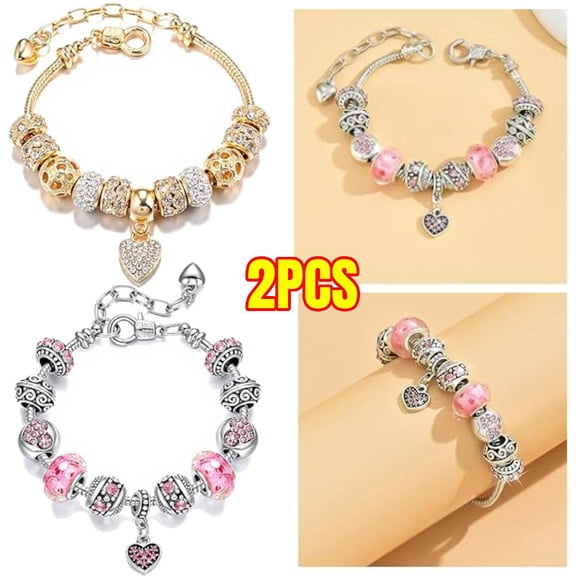 2 Pack Charm Bracelets Pink and Gold Heart Silver Plated Charm Bracelet, DIY Jewelry for Women Gifts