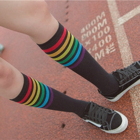 

Huaai socks for women 1Pair Thigh High Socks Over Knee Rainbow Stripe Girls Football Socks Black White cute socks Black