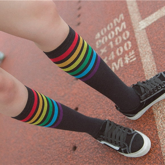 WEAIXIMIUNG Red Soccer Socks Youth 1Pair Thigh High Socks Over Knee Rainbow Stripe Girls Football Socks Black White