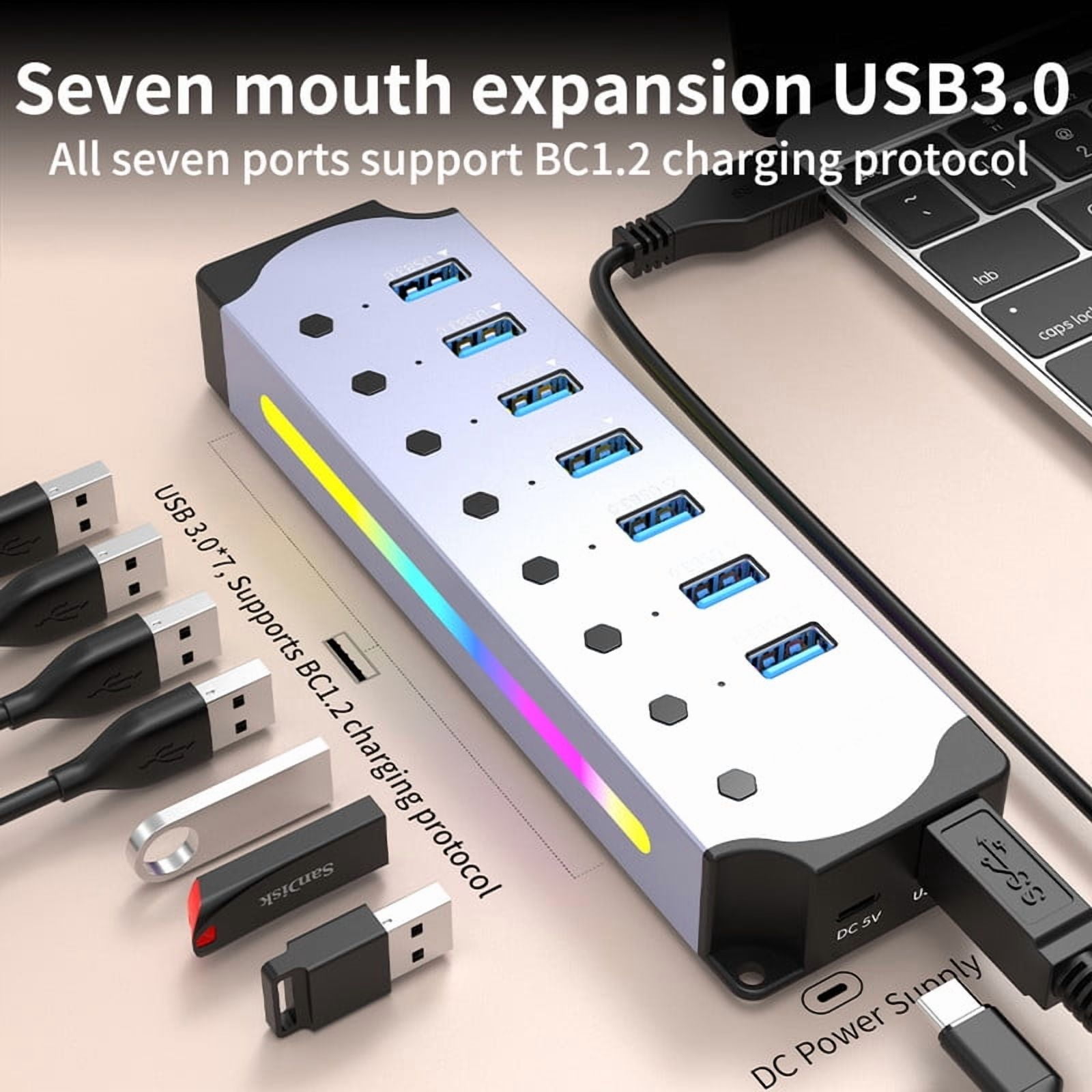 7-Port USB Hub Aluminum USB 3.0 Hub Data Transfer with Individual Switches, RGB Gaming USB Hub, External Expansion Data Hub for PC Laptop Desktop Computer