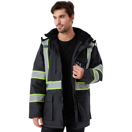 ProtectX High Visibility Winter Safety Jacket for Men, Reflective Insulated Work Long Coat, 300D Oxford for Waterproof, Black, Small