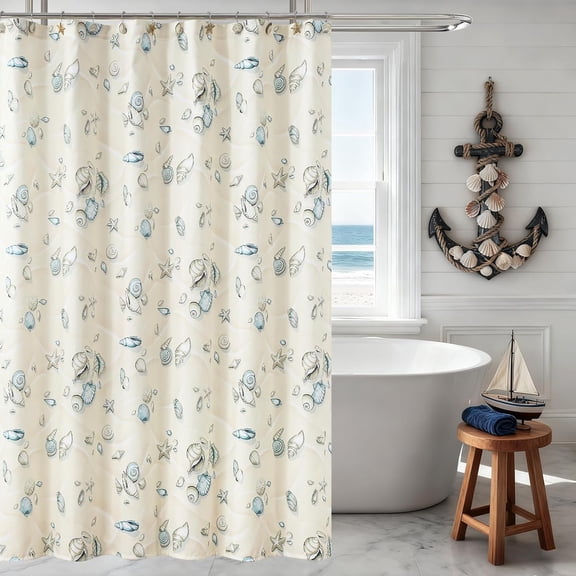 Nautical Coastal Seashell Conch Themed Waterproof Fabric Shower Curtain - Cream Beige Beach & Ocean Decor for Bathroom, 72" W x 78" H