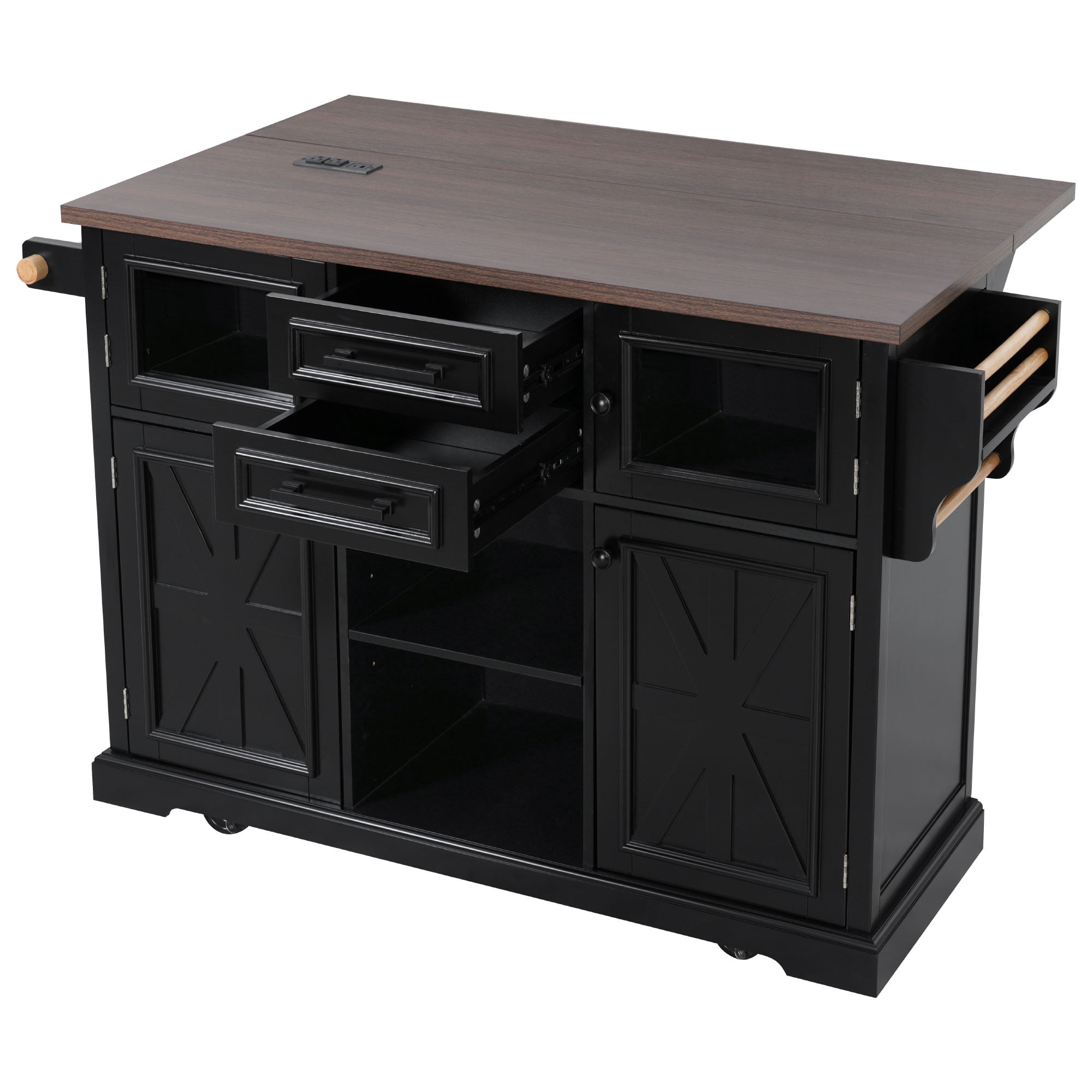 Harper & Bright Designs Kitchen Island with Drop Leaf and Wheels, Kitchen Storage Cart with 4 Door Shelves, Farmhouse Rolling Kitchen Island with Power Outlet and Visual Glass Door, Black