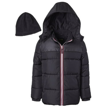 Ixtreme BLACK Big Boy's Canvas Yoke Puffer Jacket with Fleece Hat Set, US Medium