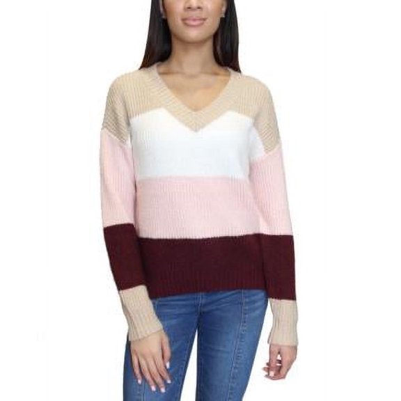 MSRP $44 Almost Famous Juniors' Colorblocked V-Neck Sweater Size Medium