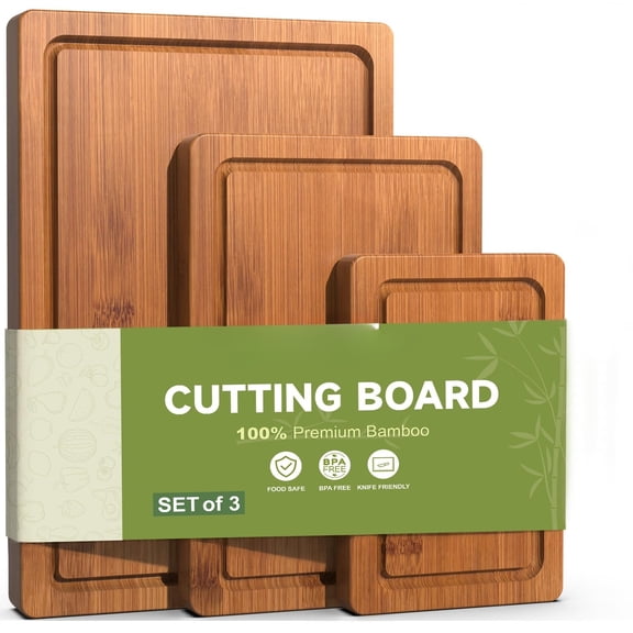 3-Piece Set Bamboo Cutting Board for Kitchen - Crack-Resistant Wood Chopping Boards with Deep Juice Grooves, Pre-Oiled Butcher Block for Meat, Vegetables & Cheese, Carbonized