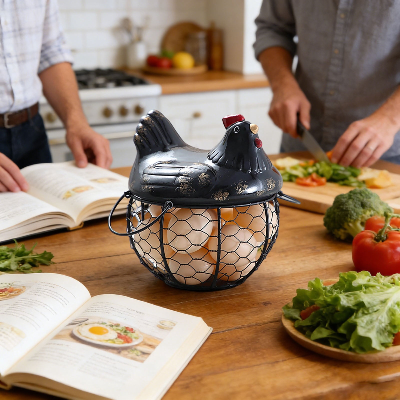 Chicken Egg Basket Black Wire with Ceramic Lid, Egg Holder for Gathering Fresh Eggs, Decorative Farmhouse Egg Storage Container for Kitchen Countertop, Ceramic Egg Storage Basket Organizer