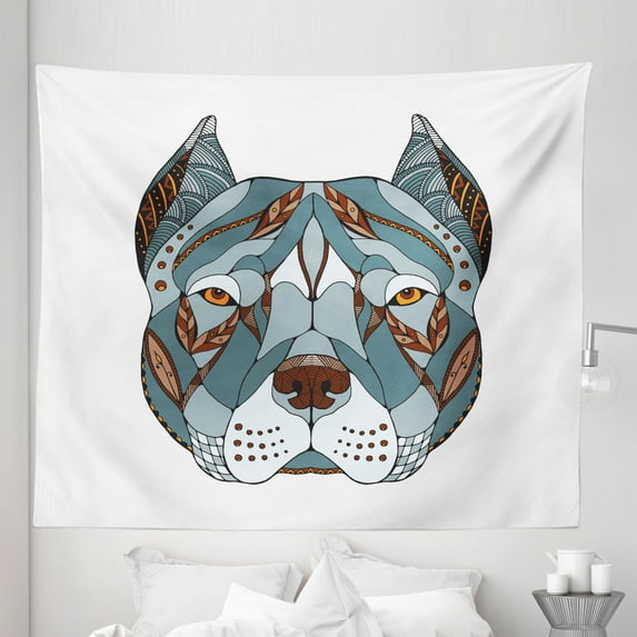 Pitbull Tapestry, Zentangle Style Terrier Head Portrait Hand Drawn Ornament Canine Dog Animal, Fabric Wall Hanging Decor for Bedroom Living Room Dorm, 5 Sizes, Multicolor, by Ambesonne