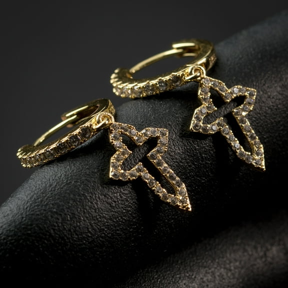 Men's Yellow Gold Plated 925 Sterling Silver Iced Cz Cross Dangle Hoop Earrings