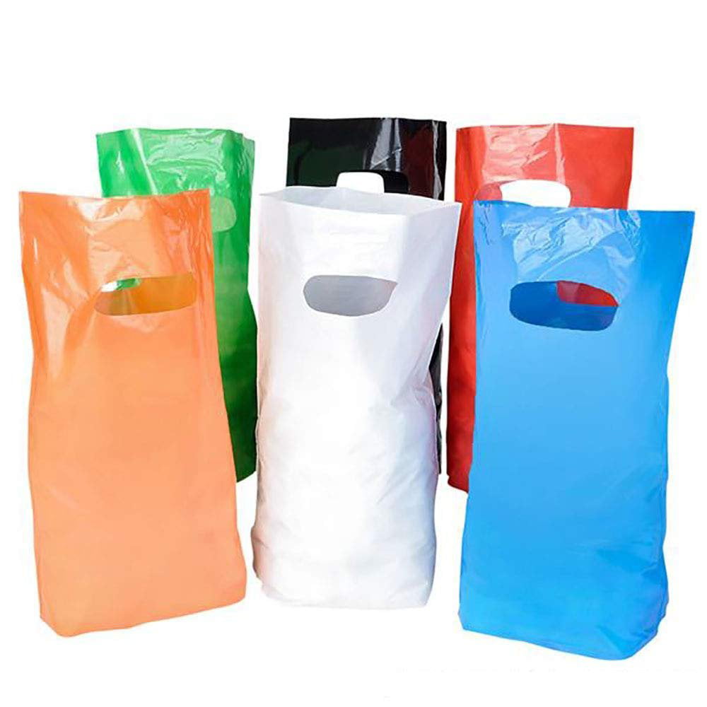 8.75” x12” Small Glossy Colored Plastic Bags with Die-cut Handles – Grocery Sack for Retail ...
