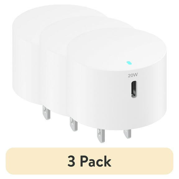 (3 pack) onn 20W Single USB-C Port Wall Charger, Fast Charging, USB-IF Certified, Foldable Plug, White - Compatible with iPhone 17/16/15 Series, Samsung Galaxy, Note, Pixel Devices iPad Pro, & More