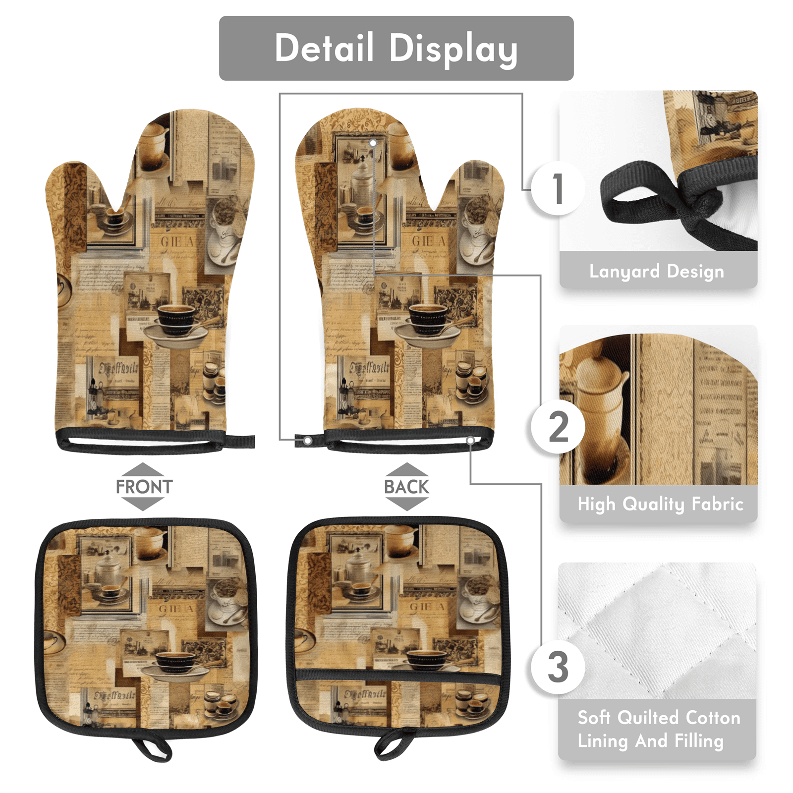 CURLYOOT Vintage Coffee Oven Mitts and Pot Holders Sets of 2, Non-Slip Washable Hot Pads and Oven Gloves for Kitchen Cooking Baking