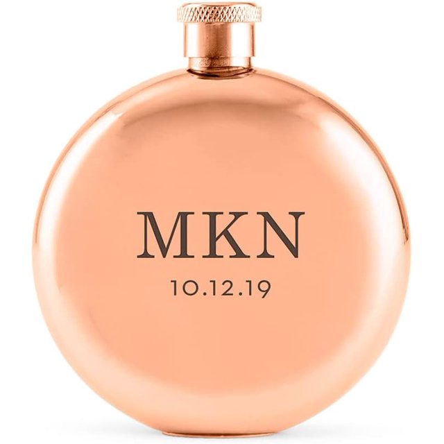 Weddingstar Customizable Rose Gold Stainless Steel Round Hip Flask - Classic Monogram Engraving