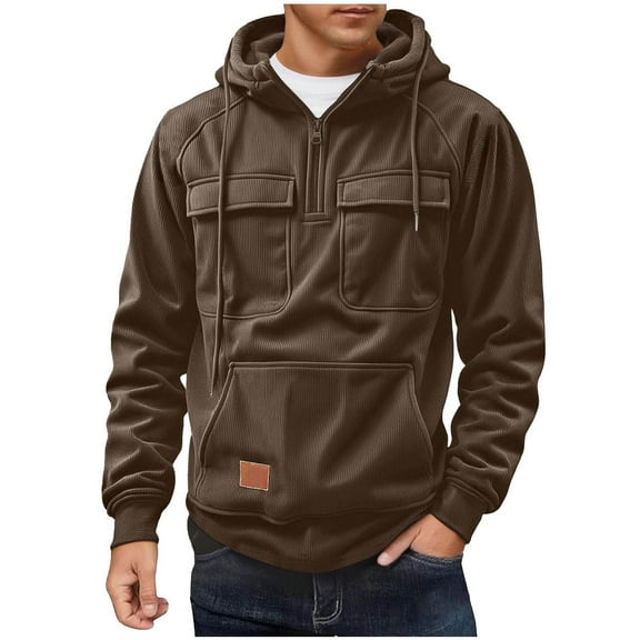 Men's Clothing Corduroy Hoodies for Men Quarter Zip Up Pullover Winter Casual Workout Drawstring Hooded Pockets Sweatshirts