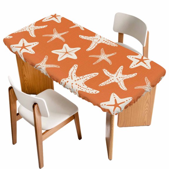 Fitted Tablecloth for 3 ft Rectangle Tables Orange Starfish Table Cover with Elastic Edge Coastal Ocean Marine Life Waterproof Table Clothes for Patio Garden Dinner Party Picnic Indoor Outdoor Decor