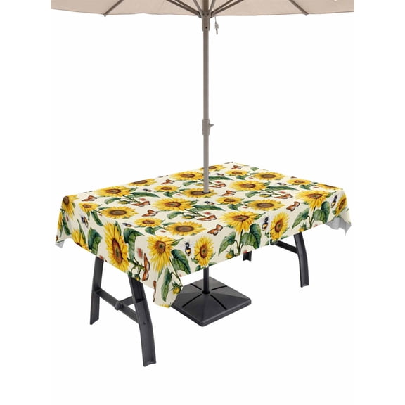 Outdoor Tablecloth with Umbrella Hole for Patio/Picnic/Party/Camping, Sunflowers Waterproof Table Cloth Rectangle Table Cover Washable, Beige Botanical Yellow Florals Butterfly (60"x 84")