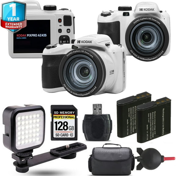 Kodak PIXPRO AZ425 Digital Camera (White) Extra Battery 1 Yr Warranty - 128GB Kit (International Version)