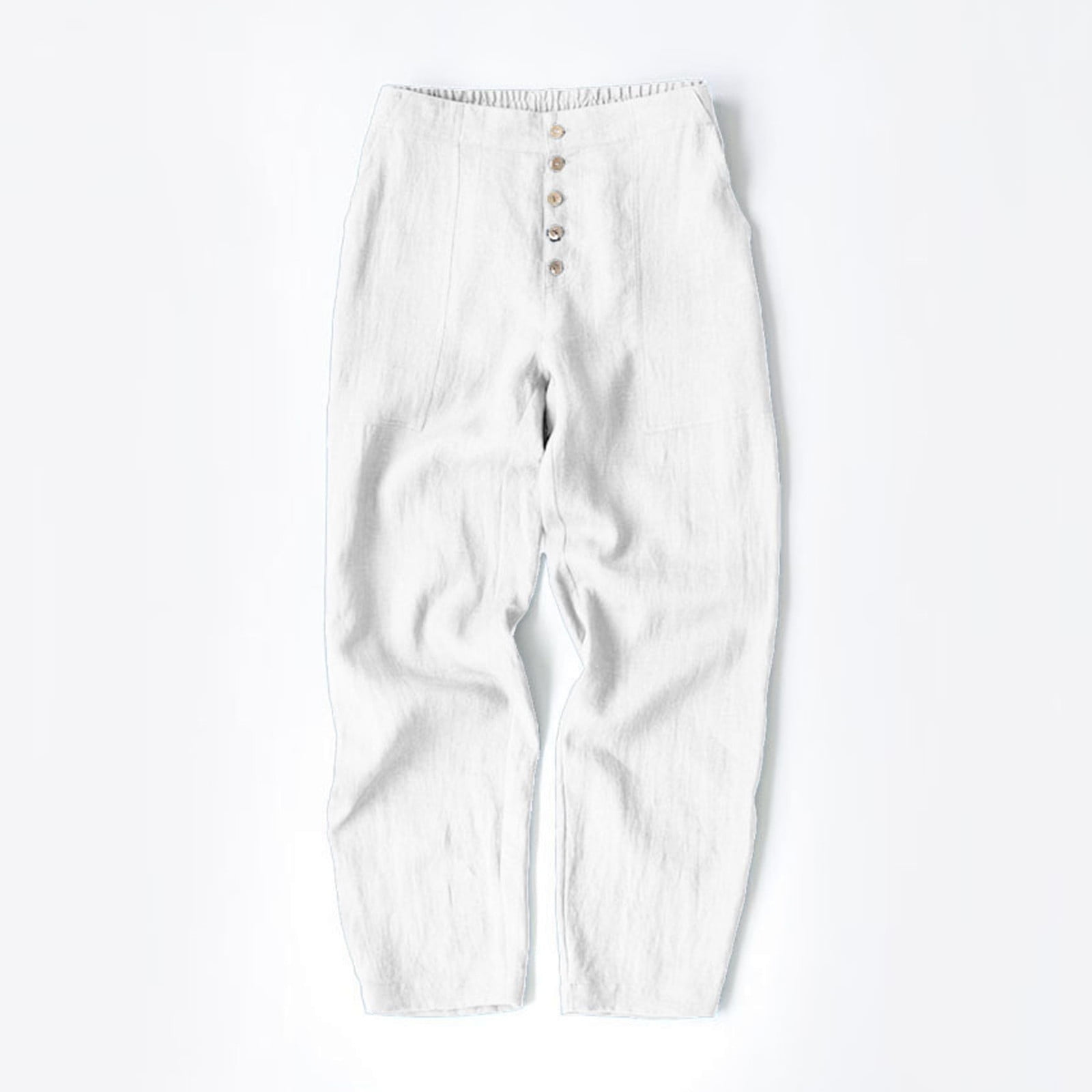 Women's Pants Womens' Tapered Front Button Up Elastic Waist Work Trousers  With Pockets Slacks for Women White L - Walmart.com