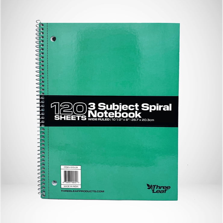 Three Leaf 120 Sheets, 10 1/2 X 8, 3 Subject Spiral Notebook, Wide Ruled, Pack Of 24