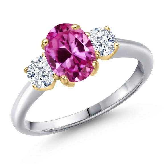 Gem Stone King 10K Two Tone Gold Pink Created Sapphire and White Zirconia Engagement Ring for Women | 2.15 Cttw | Oval 8X6MM | Gemstone September Birthstone | Size 5