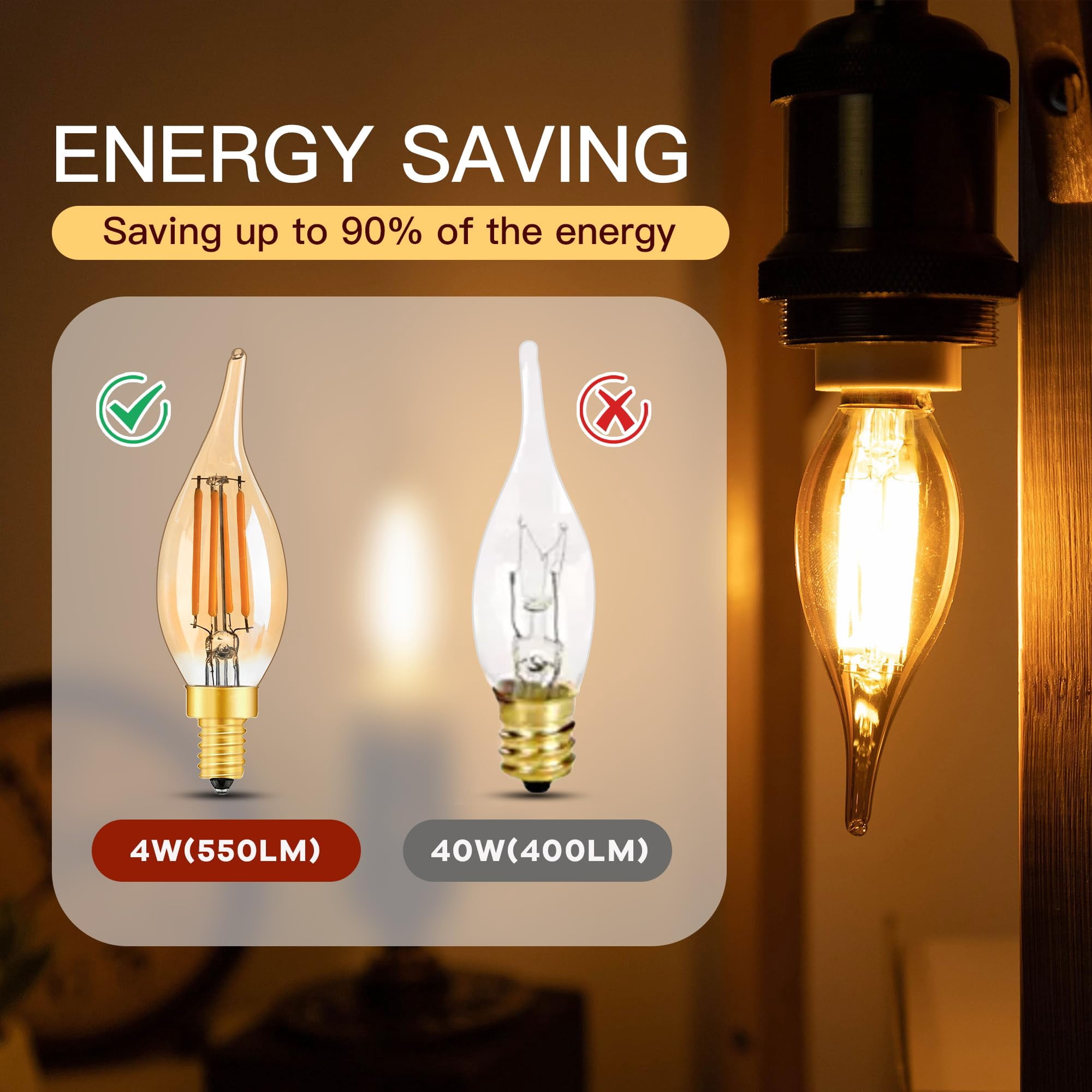 Dimmable E12 Candelabra LED Light Bulbs,C32T 4W Amber Flame Tip Vintage Chandelier Bulbs Equal to 40Watt Incandescent,2200K Warm Yellow CA10 Candle Bulb for Decor Lighting, 550Lumen,6Pack