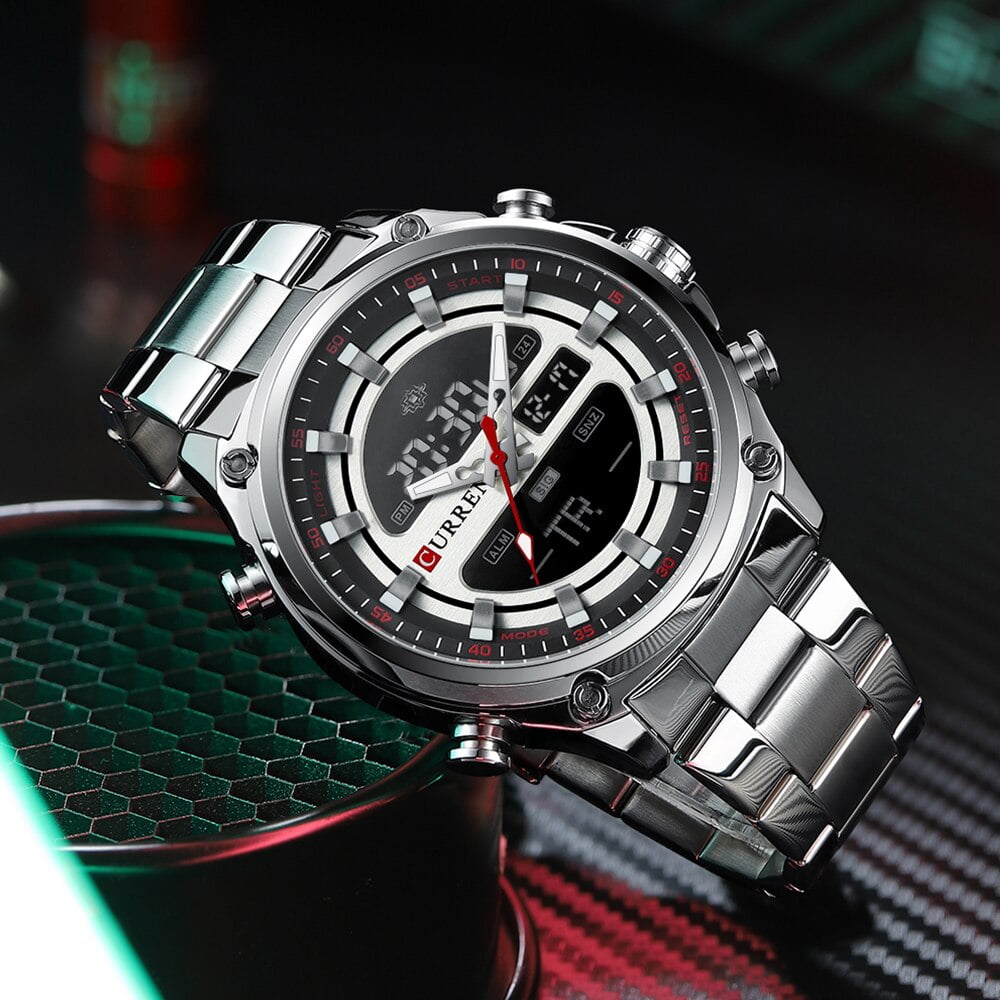 Curren Sport Quartz Digital Watches For Men Led Luminous Multifunction Stainless Steel Wristwatches Dual Display Clock Male - Quartz Wristwatches